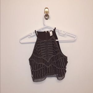 Army green cropped tank with crochet design